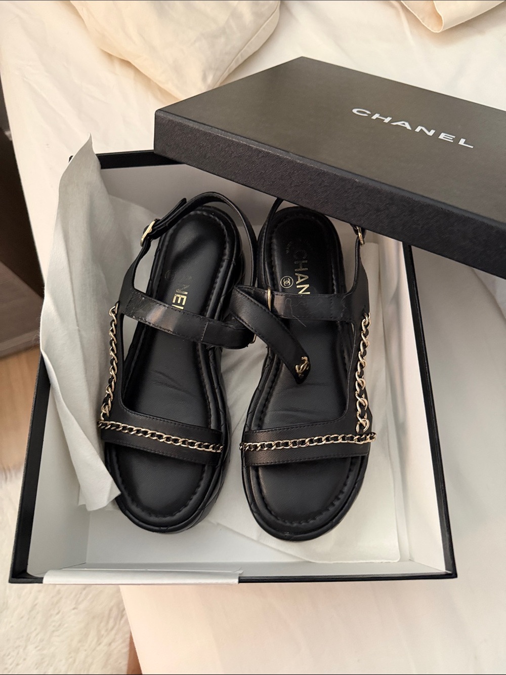 CHANEL Black Leather Sandals with Gold Chain Trim
